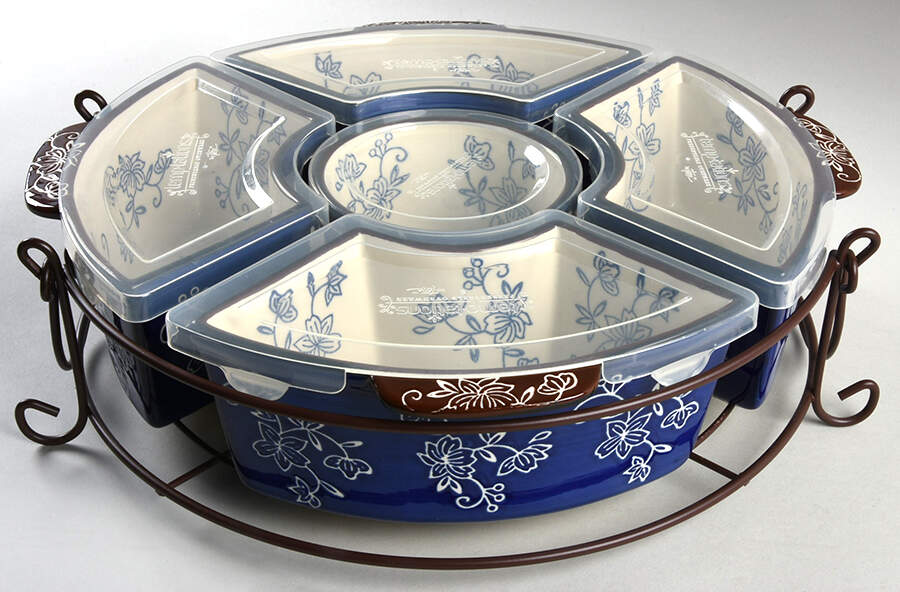 Floral Lace-Blue (11 Pc) Baker & Ramekins Set (Chip & Dip) by Temp-Tations-1