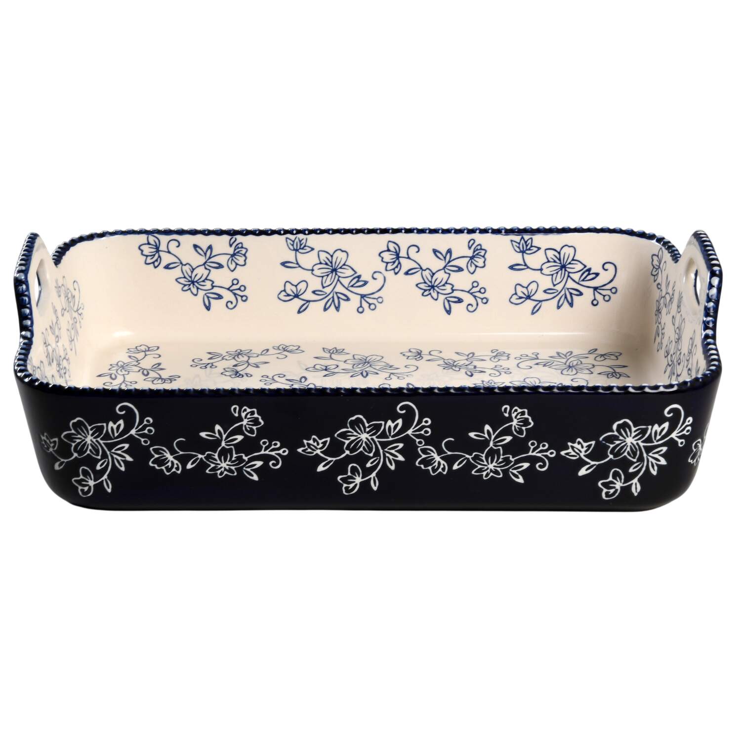 Floral Lace-Blue 14" Rectangular Baker with Upswept Handles by Temp-Tations-1