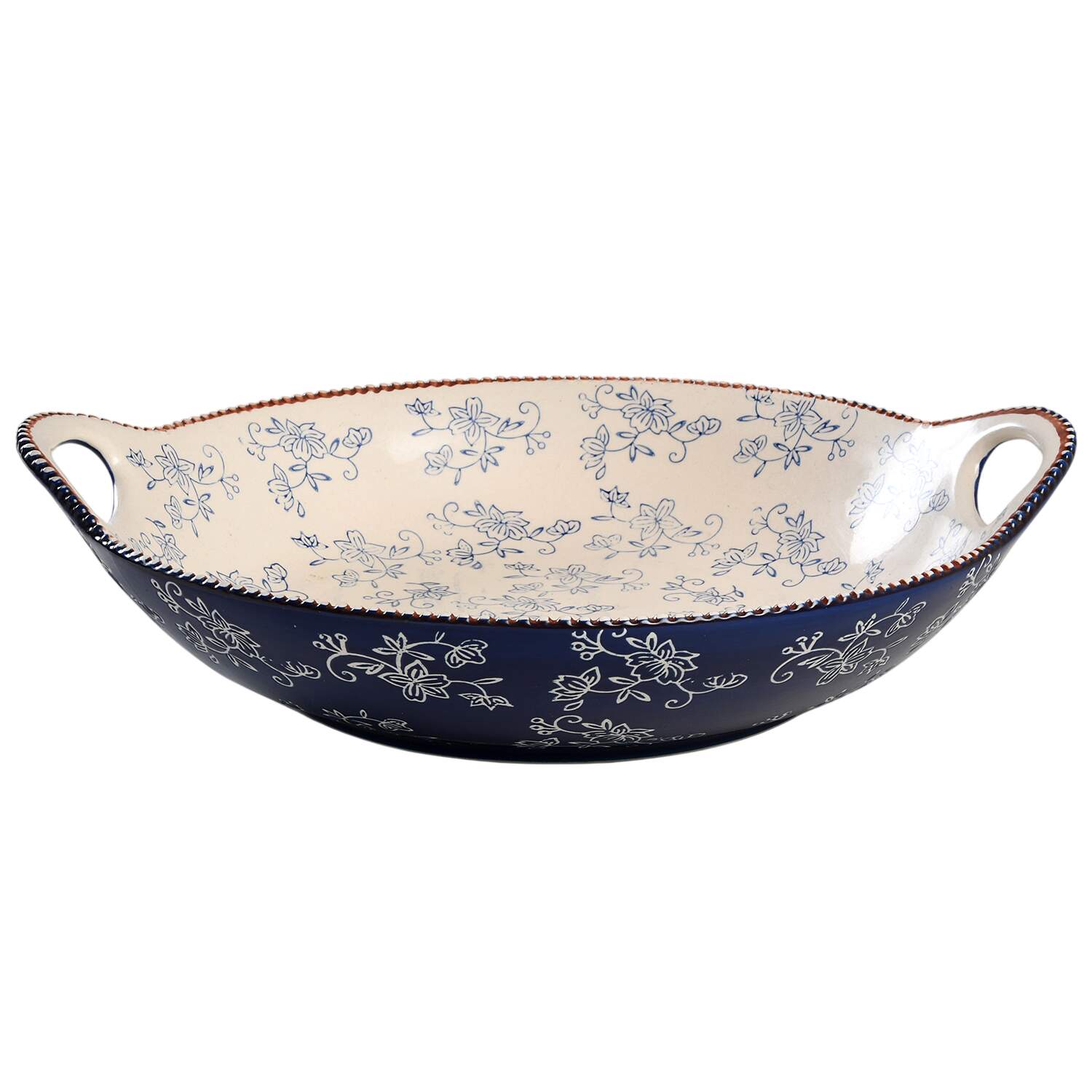 Floral Lace-Blue 14" Handled Round Serving Bowl by Temp-Tations-1