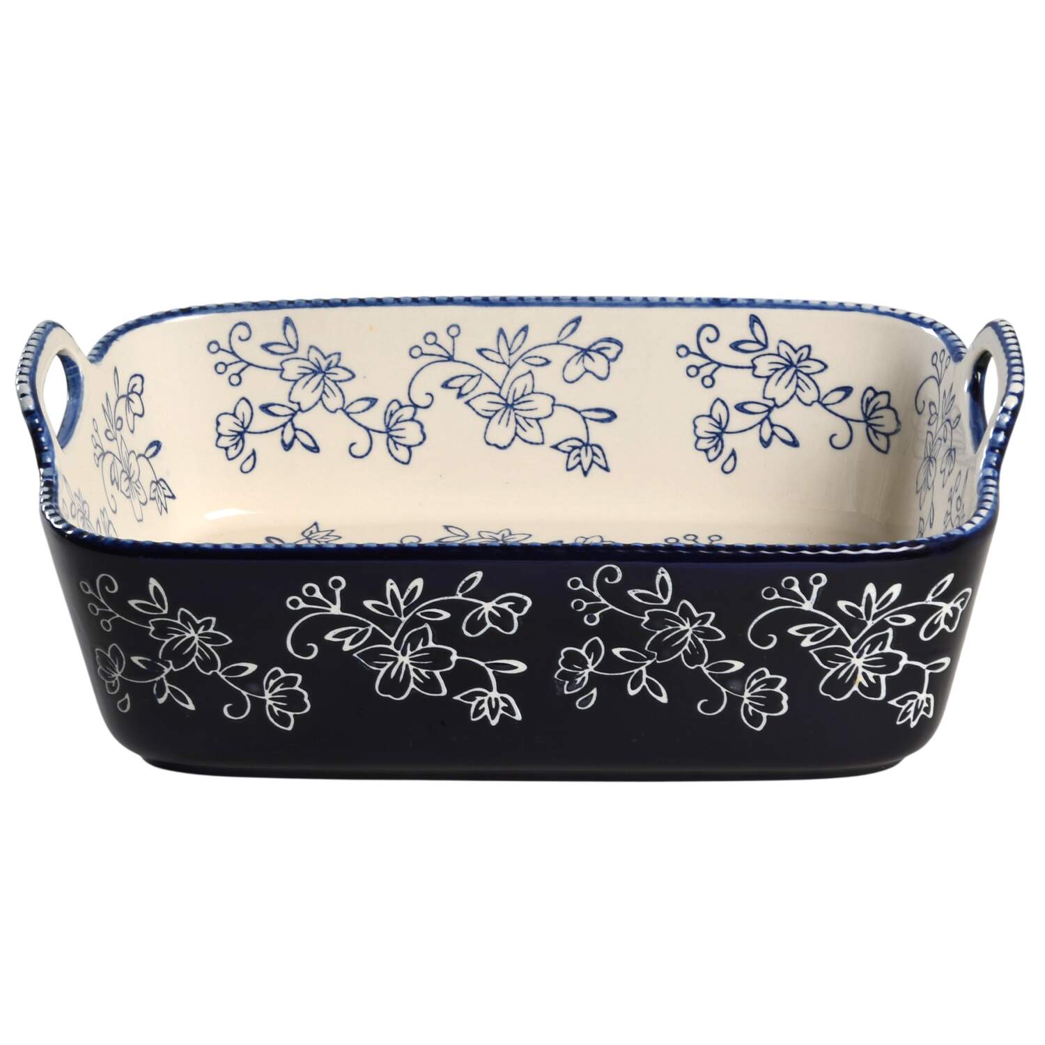 Floral Lace-Blue 12" Rectangular Baker with Upswept Handles by Temp-Tations-1