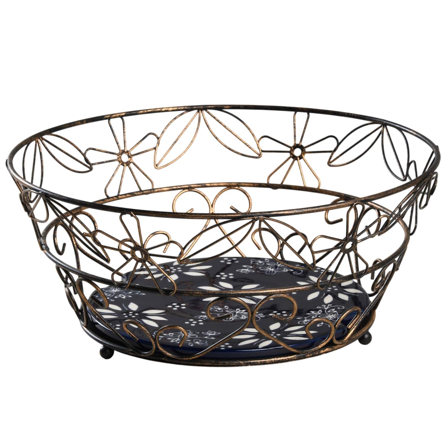 Floral Lace-Blue Wire Basket with 8" Ceramic Trivet by Temp-Tations-1