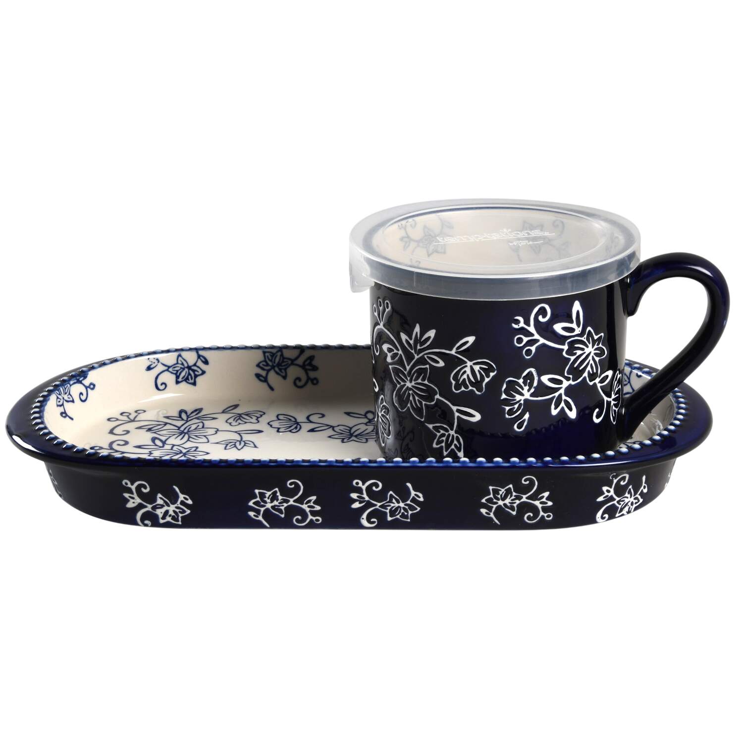 Floral Lace-Blue 20 Oz Soup Mug w/Plastic Lid & Sandwich Tray Set by Temp-Tations-1