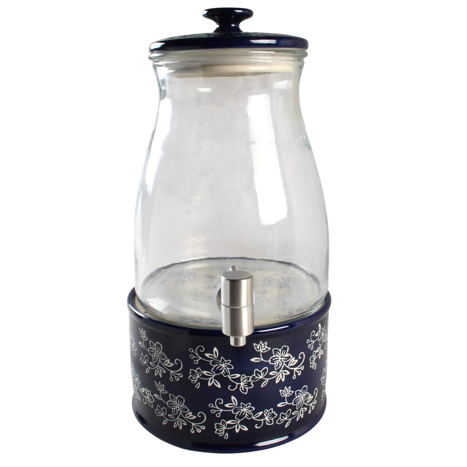 Floral Lace-Blue Glass Beverage Dispenser w/Ceramic Lid & Stand by Temp-Tations-1