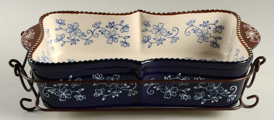 Floral Lace-Blue 13" Rectangular Baker with Metal Stand by Temp-Tations-1