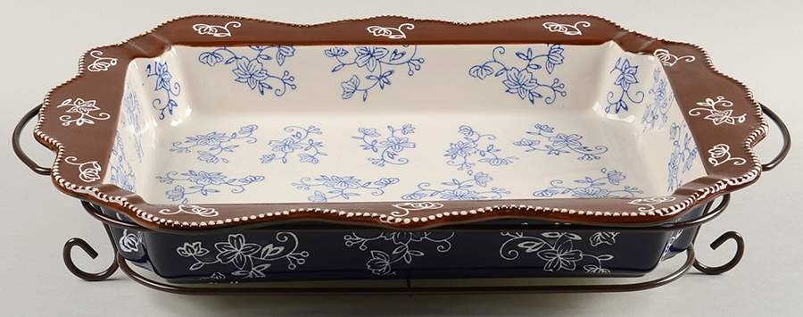 Floral Lace-Blue 15" Rectangular Baker w/Metal Stand by Temp-Tations-1