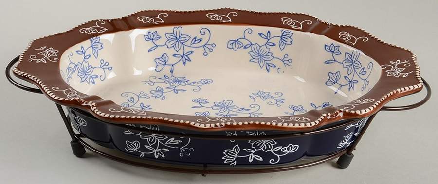 Floral Lace-Blue 13" Oval Baker with Metal Stand by Temp-Tations-1