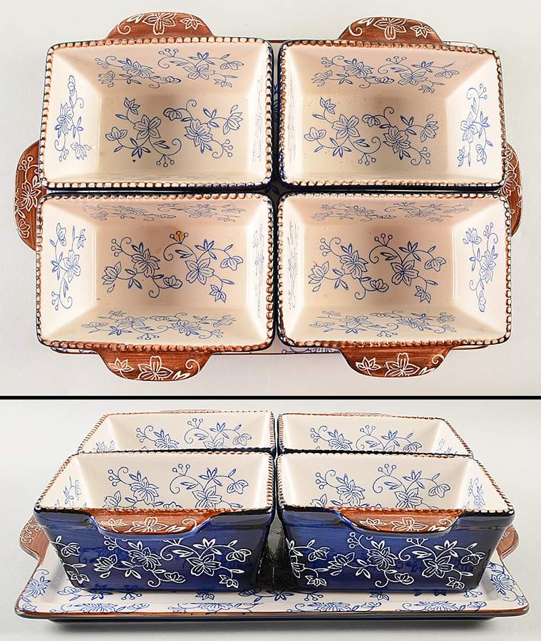 Floral Lace-Blue Serving Set-4 Rectangular Bowls on Tray by Temp-Tations-1