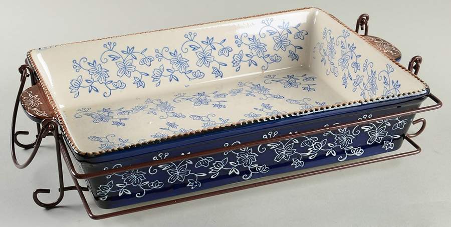 Floral Lace-Blue 15" Rectangular Baker w/Metal Stand by Temp-Tations-1