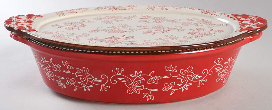 Floral Lace Cranberry 13" Oval Baker & Lid-It by Temp-Tations-1