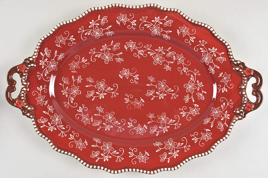 Floral Lace Cranberry 18" Oval Handled Platter by Temp-Tations-1