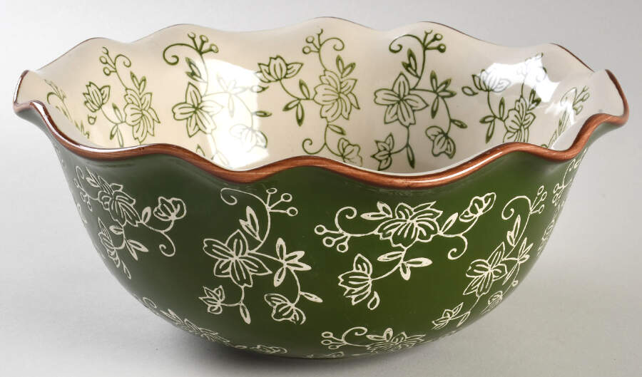 Floral Lace Green 9" Round Fluted Bowl by Temp-Tations-1
