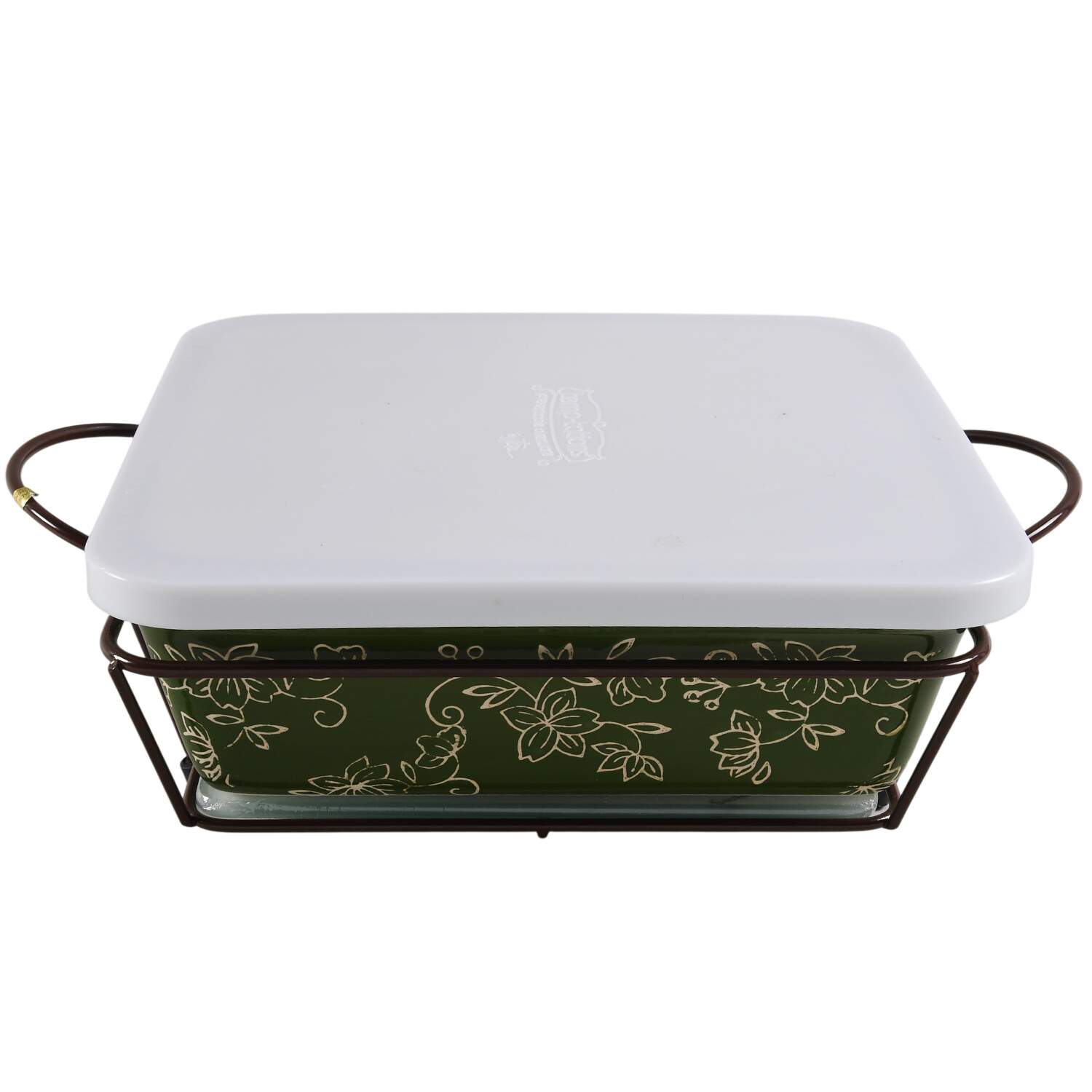 Floral Lace Green 9' Square Baker with Metal Stand, Glass Trivet & Storage Cover by Temp-Tations-1