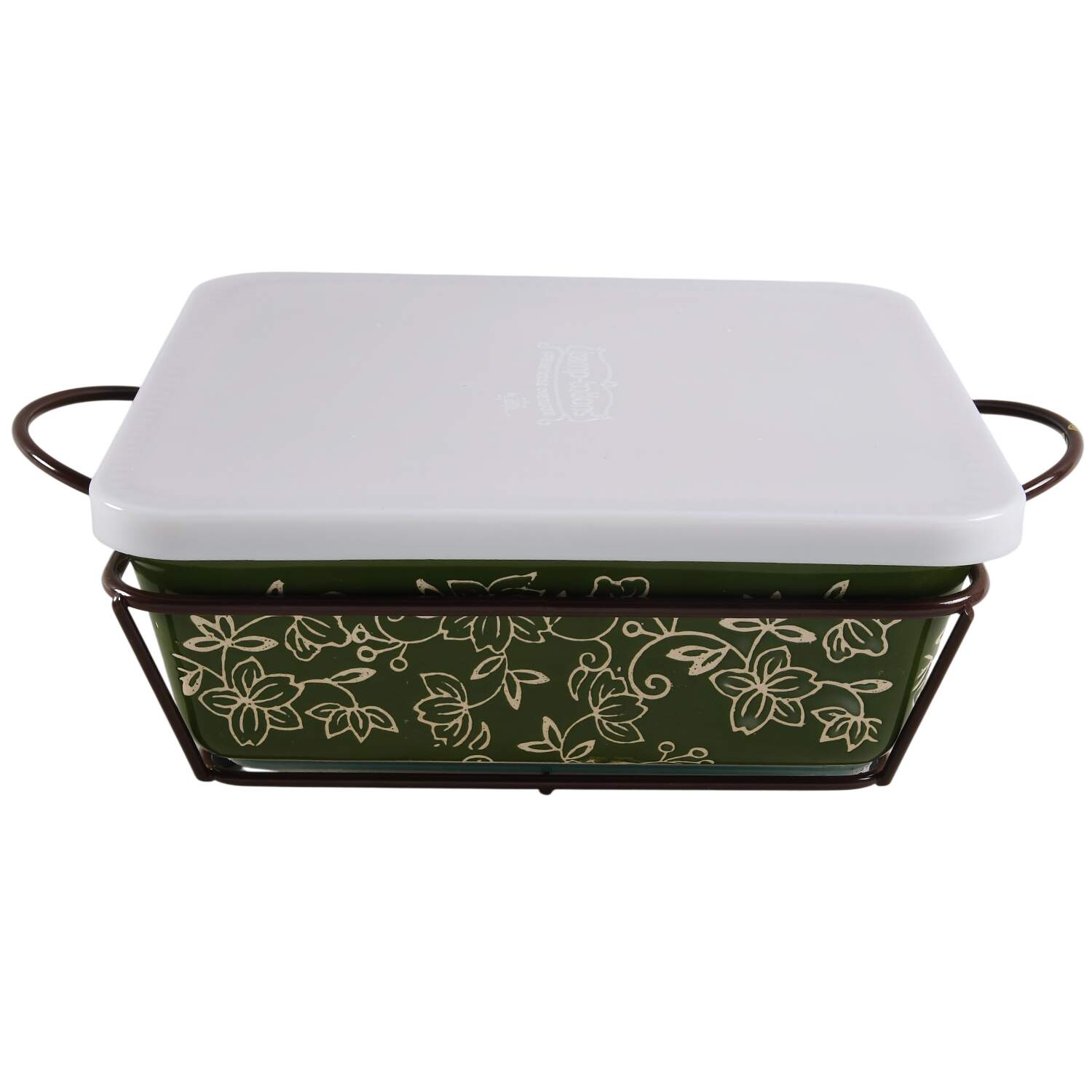 Floral Lace Green 8' Square Baker with Metal Stand, Glass Trivet & Storage Cover by Temp-Tations-1