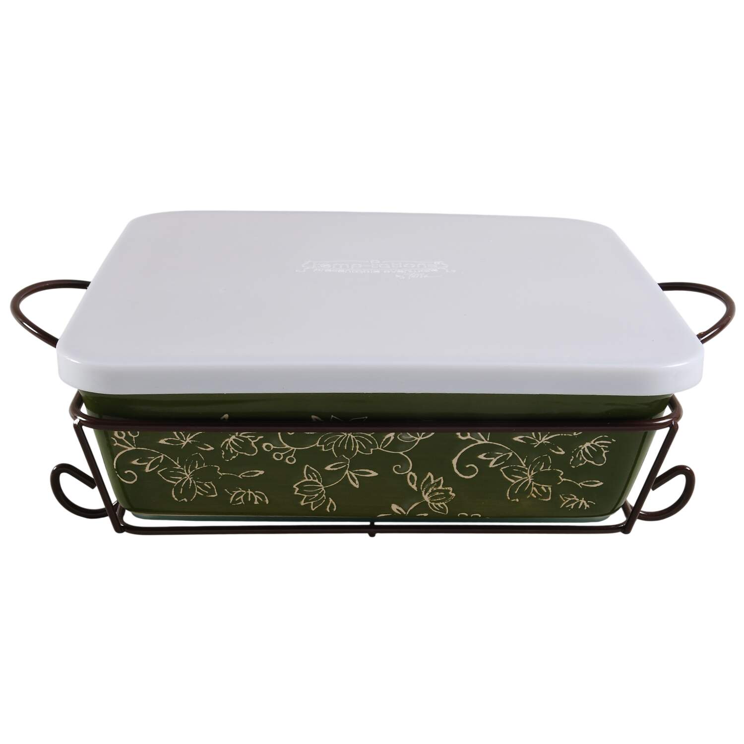 Floral Lace Green 9' Square Baker with Metal Stand, Glass Trivet & Storage Cover by Temp-Tations-1