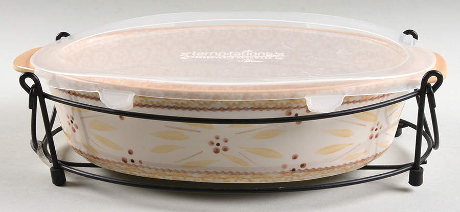 Old World Cream 13" Oval Baker w/Plastic Lid, Lid-It & Metal Stand by Temp-Tations-1