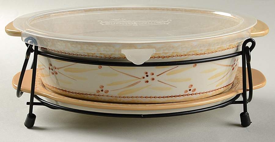 Old World Cream 11" Oval Baker w/Plastic Lid, Lid-It & Mtl Stand by Temp-Tations-1