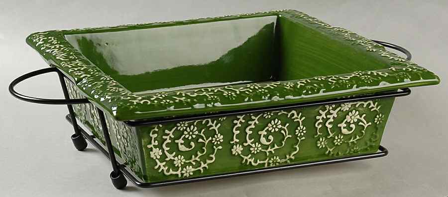 Filigree Green 10" Square Baker & Metal Stand by Temp-Tations-1