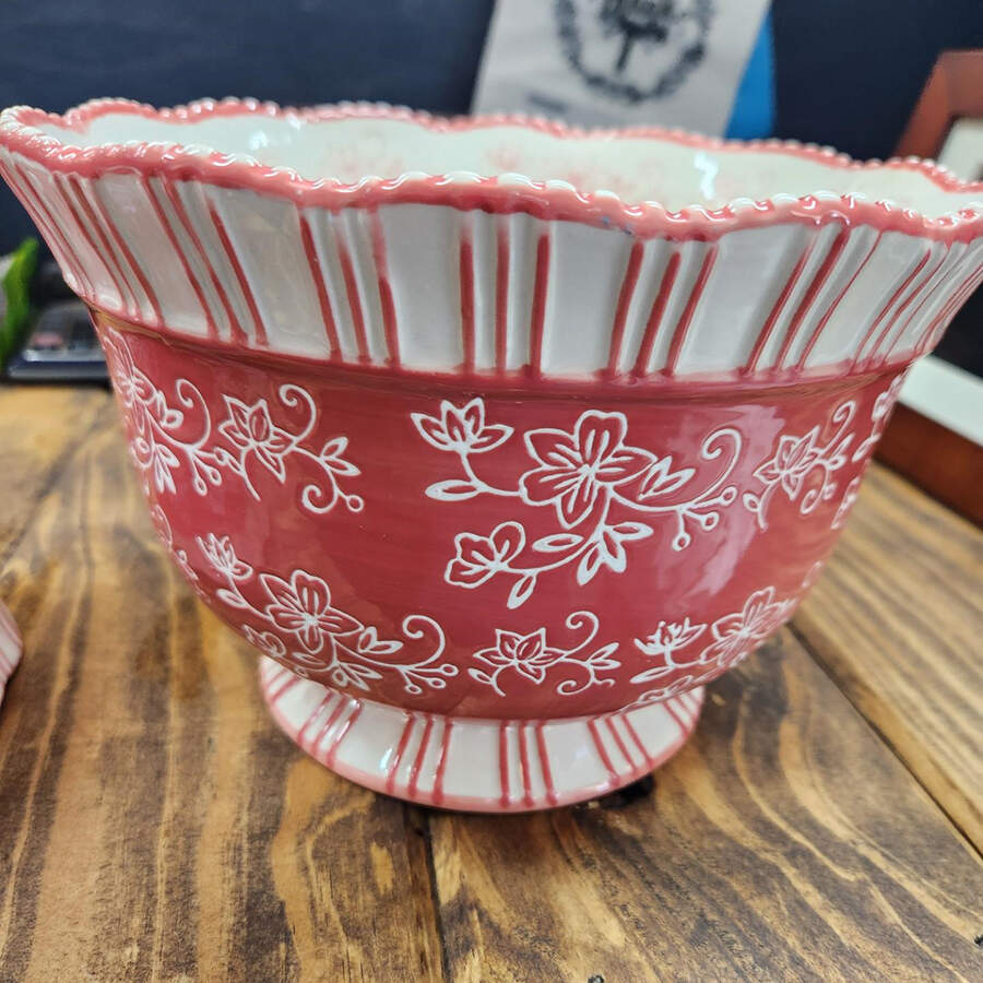 Floral Lace Red 8" Round Fluted Bowl by Temp-Tations-1