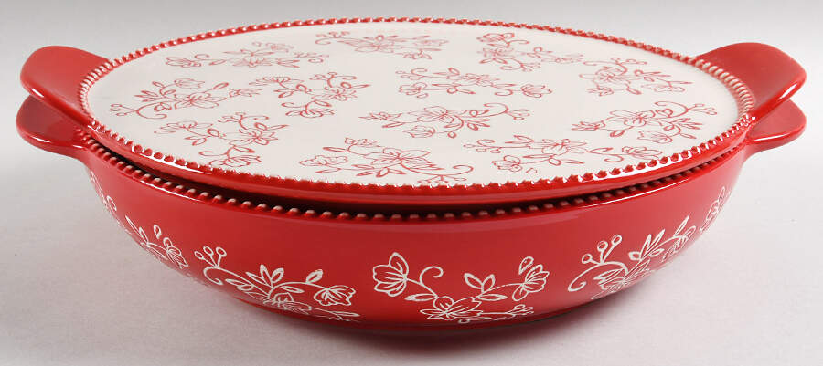 Floral Lace Red 3.5 Qt Round Covered Baker by Temp-Tations-1