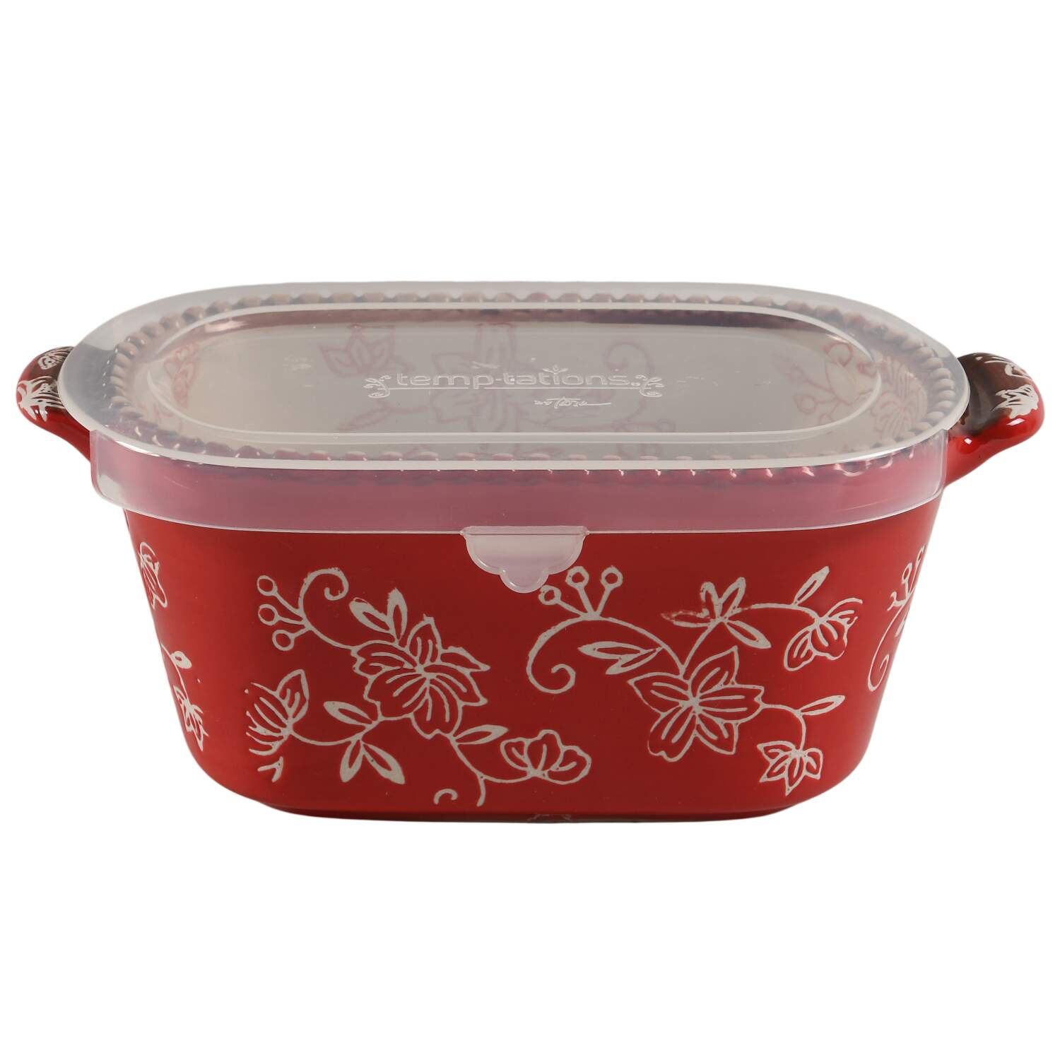 Floral Lace Red Squoval Tab Handled Ramekin & Plastic Lid by Temp-Tations-1