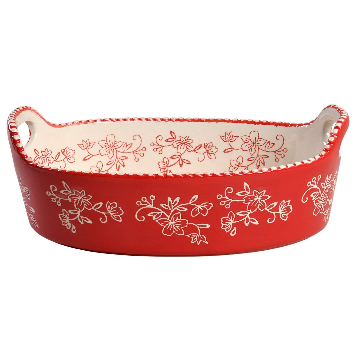Floral Lace Red 11" Oval Baker with Upswept Handles by Temp-Tations-1
