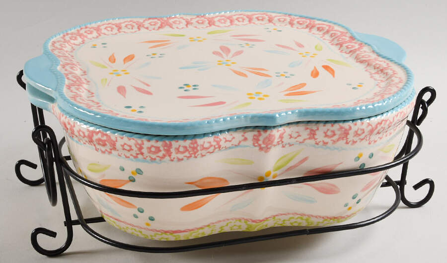 Old World Springfetti 2.5 Quart Square Casserole with Lid & Metal Holder by Temp-Tations-1