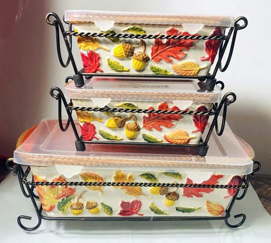 Harvest (Embossed) 7" Rectangular Baker W/Storage Cover & Metal Stand by Temp-Tations-1