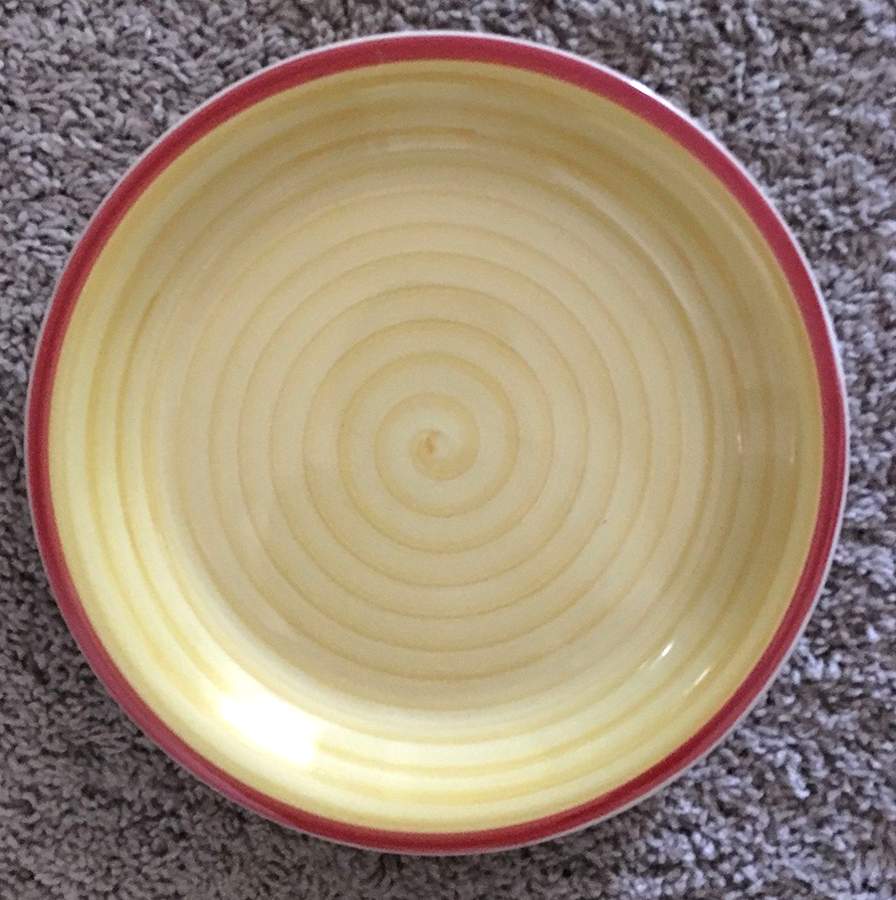 Circa Yellow Spiral (Red Trim) Dinner Plate by Tabletops Unlimited-1