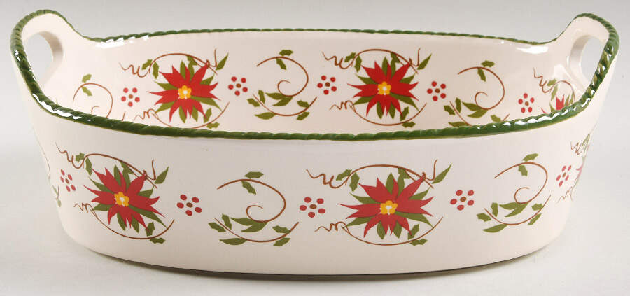 Old World Poinsettia 13" Oval Handled Bowl by Temp-Tations-1