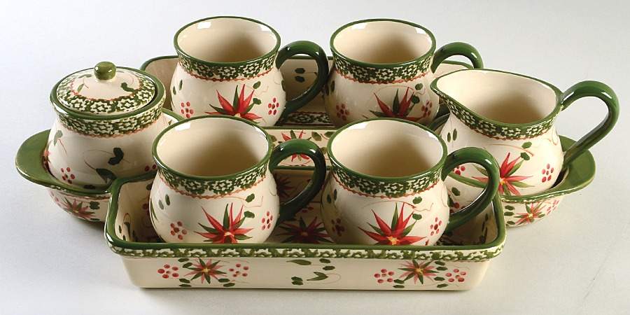 Old World Poinsettia (9 Pc) Beverage Set (4 MUG,CR,SU,SWH & BEV9T) by Temp-Tations-1