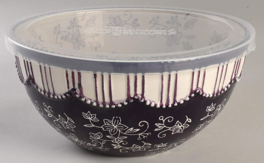 Floral Lace Eggplant 9" Mixing Bowl & Plastic Lid by Temp-Tations-1