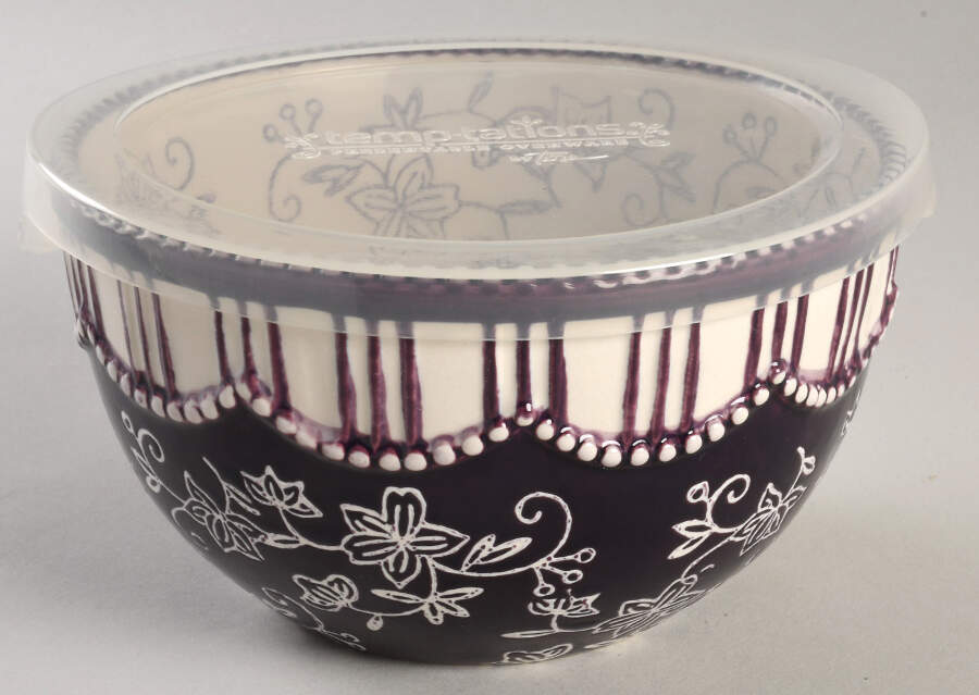 Floral Lace Eggplant 6" Mixing Bowl & Plastic Lid by Temp-Tations-1