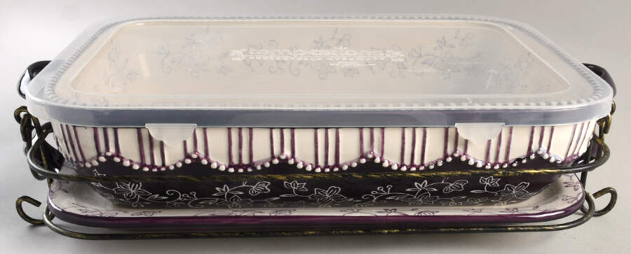 Floral Lace Eggplant 4pc 15" Rect. Baker (Baker,Lid,Tray & Stand) by Temp-Tations-1