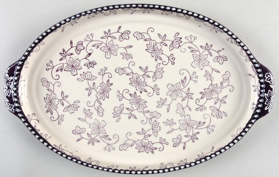 Floral Lace Eggplant 13" Oval Handled Tray by Temp-Tations-1