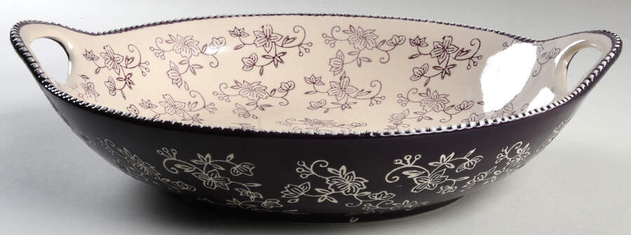 Floral Lace Eggplant 14" Handled Round Serving Bowl by Temp-Tations-1