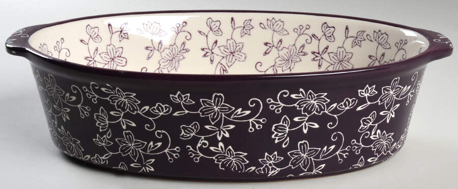 Floral Lace Eggplant 13" Oval Baker by Temp-Tations-1