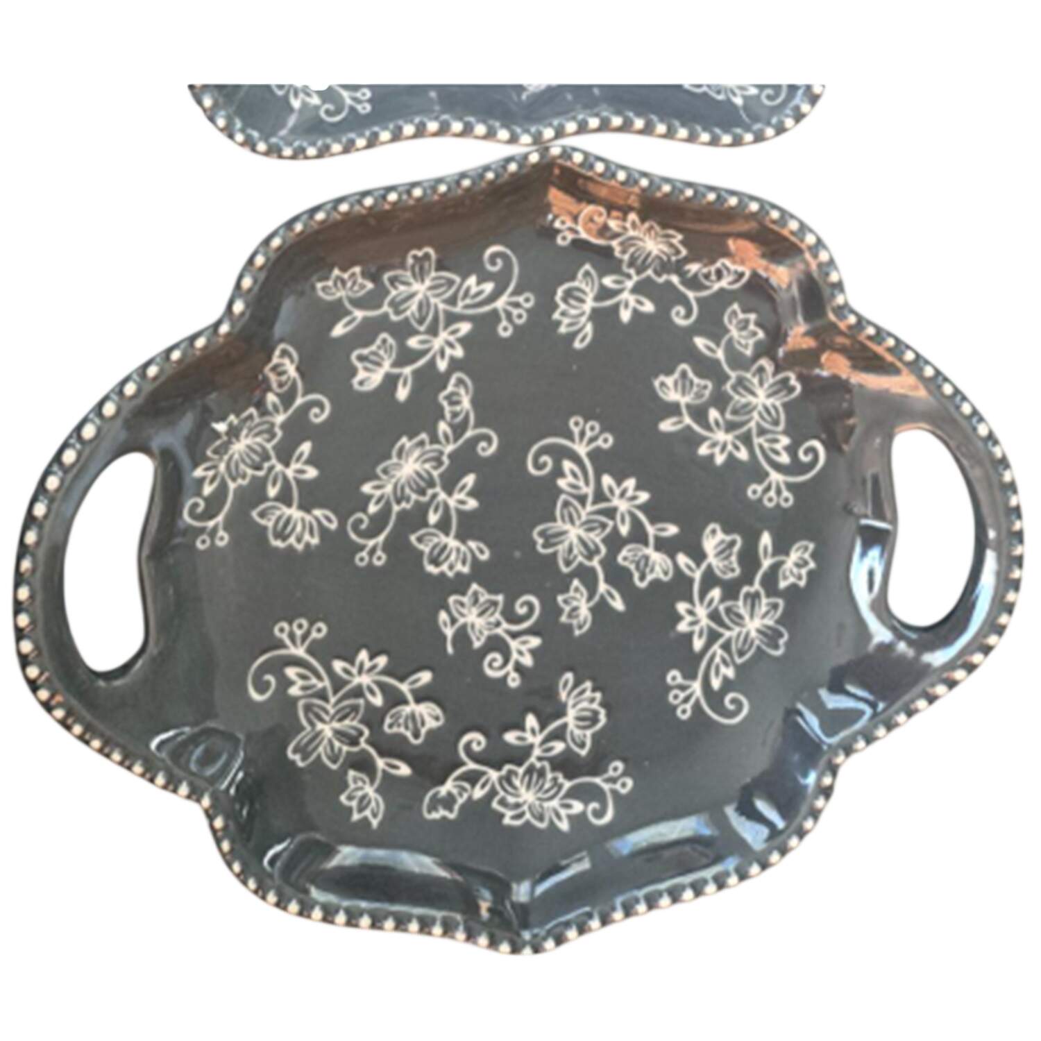 Floral Lace Gray 10" Scalloped Handled Tray by Temp-Tations-1