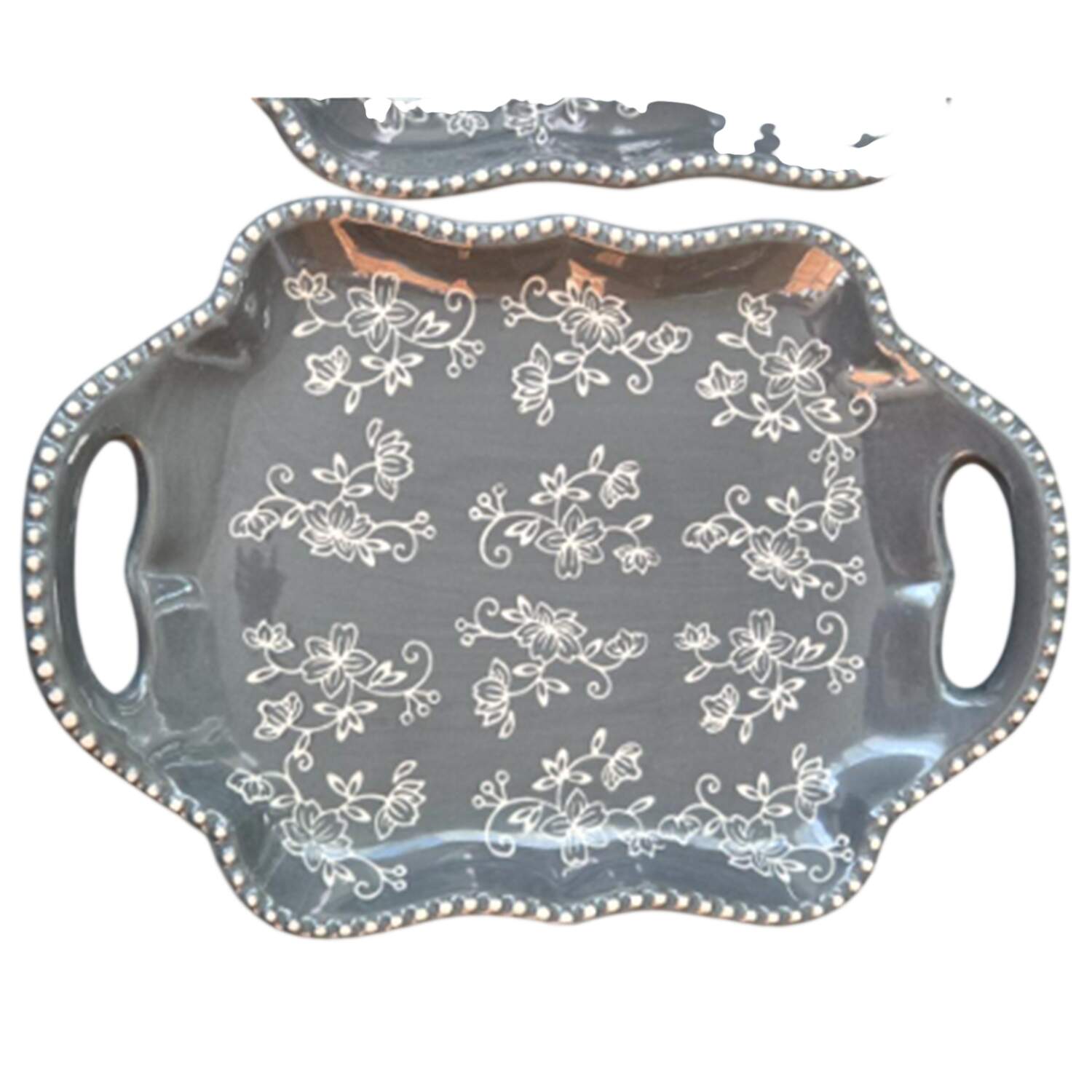 Floral Lace Gray 10" Scalloped Handled Tray by Temp-Tations-1
