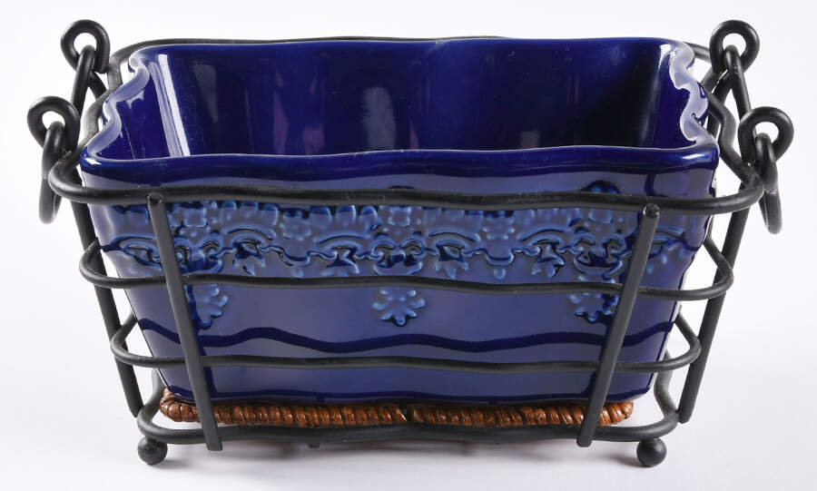 Fruit Basket Cobalt 6" Rectangular Baker w/Metal Stand & Wicker Tray by Temp-Tations-1