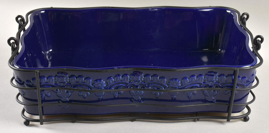 Fruit Basket Cobalt 13" Rectangular Baker w/Metal Stand & Wicker Trive by Temp-Tations-1