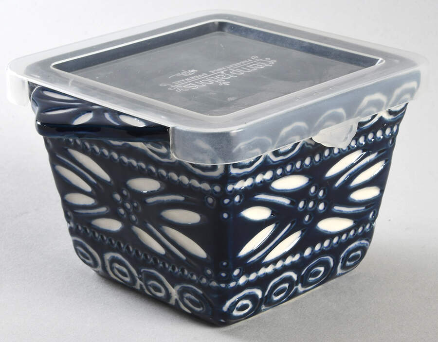 Carved Old World Blue Individual Square Baker & Plastic Lid by Temp-Tations-1