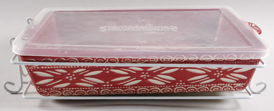 Carved Old World Cranberry 13" Rectangular Baker & Plastic Lid with Metal Stand by Temp-Tations-1