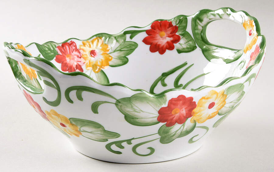 Floral Embroidery 9" Handled Round Serving Bowl by Temp-Tations-1