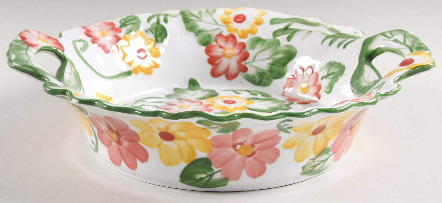Floral Embroidery 11" Handled Round Serving Bowl by Temp-Tations-1