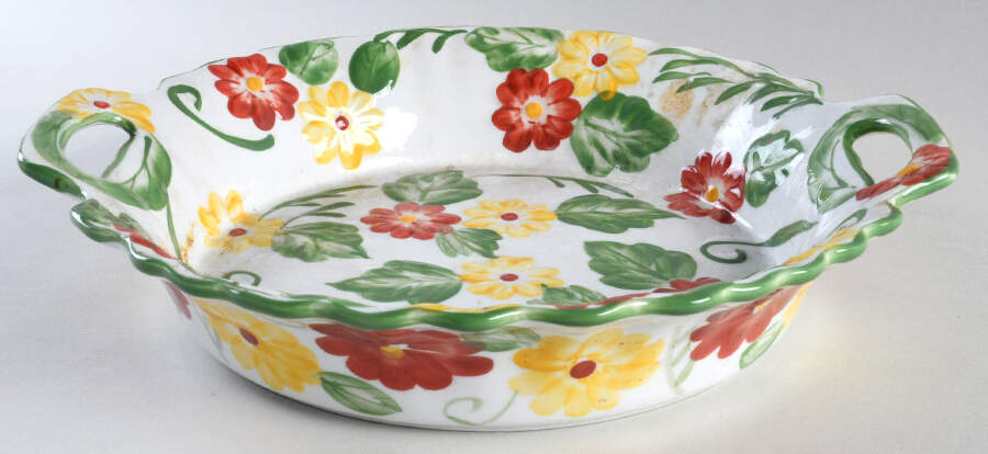 Floral Embroidery 12" Handled Round Serving Bowl by Temp-Tations-1