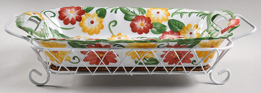 Floral Embroidery 14" Handled Rectangular Baker & Wicker Trivet with Metal Stand by Temp-Tations-1