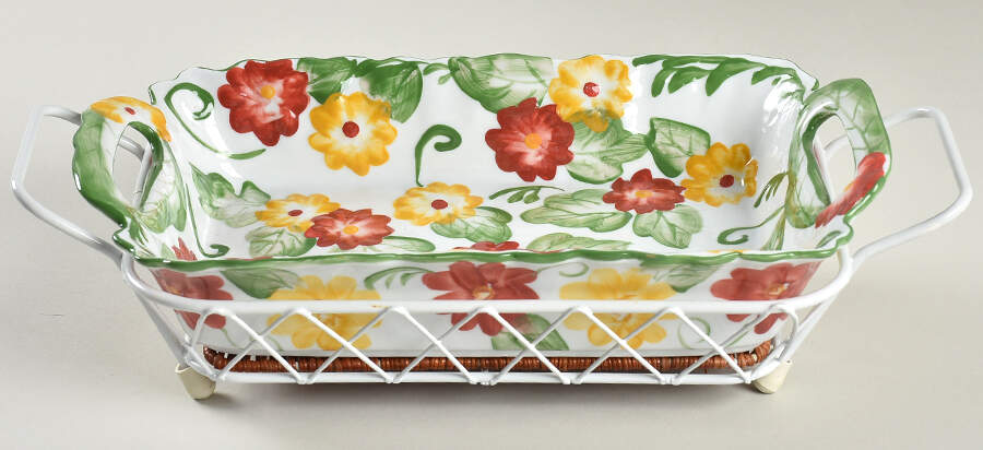 Floral Embroidery 12" Handled Rectangular Baker & Wicker Trivet with Metal Stand by Temp-Tations-1