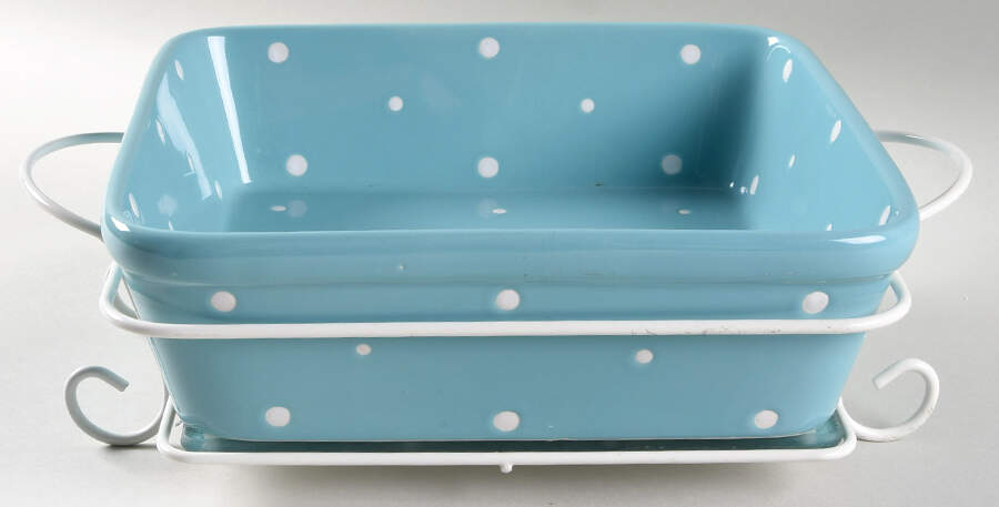 Polka Dot Turquoise 9" Square Baker W/Metal Stand & Glass Trivet by Temp-Tations-1