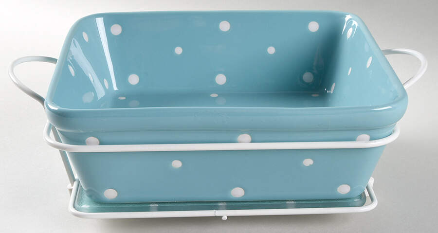 Polka Dot Turquoise 8" Square Baker W/Metal Stand & Glass Trivet by Temp-Tations-1