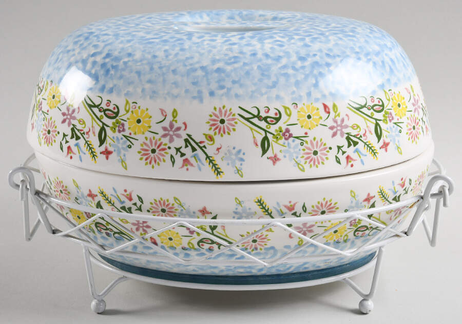 Bouquet Blue 2 Qt Oval Covered Casserole w/Mtl Stand & Glass Tr by Temp-Tations-1